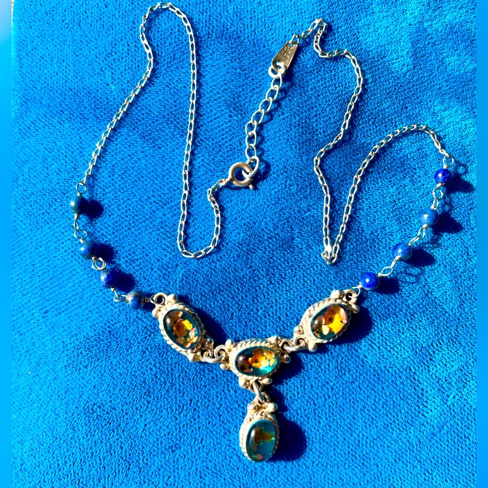 Vintage 925 Silver Art Glass & Lapis  Necklace